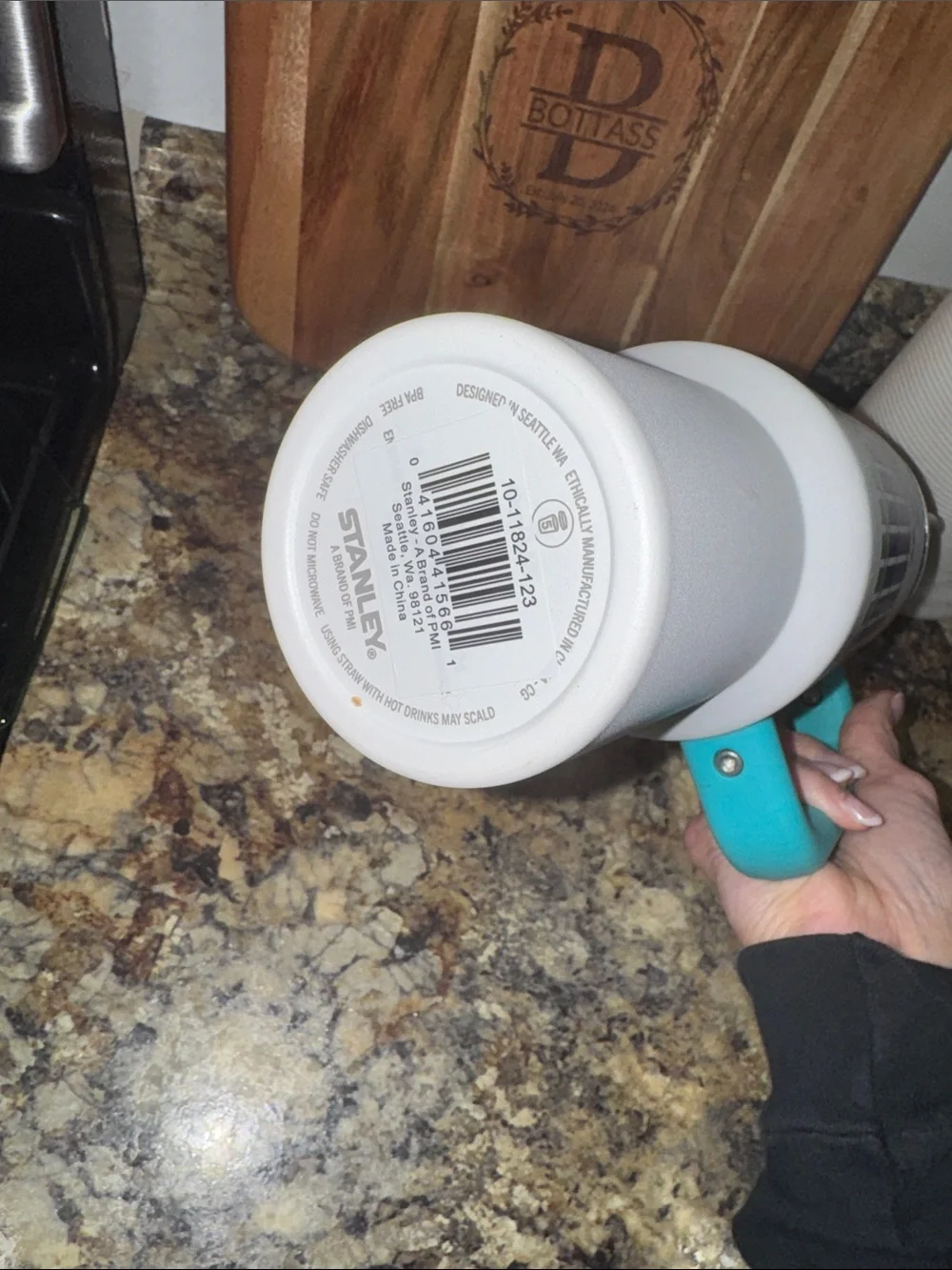 Stanley White Tumbler with Turquoise Handle and Multi-Stripe Accents